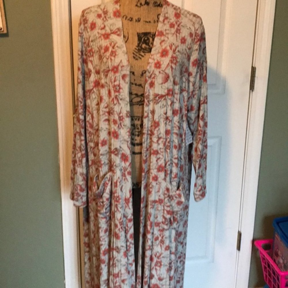 LuLaRoe Sarah Grey Floral Open Front Duster Cardigan Size XLarge